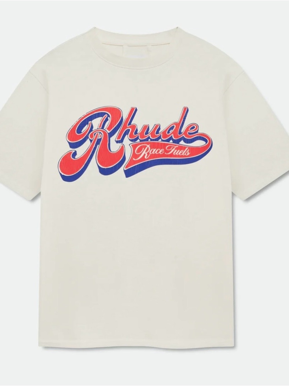 Rhude Cream Tee with Red and Blue 'Race Fuels' Logo